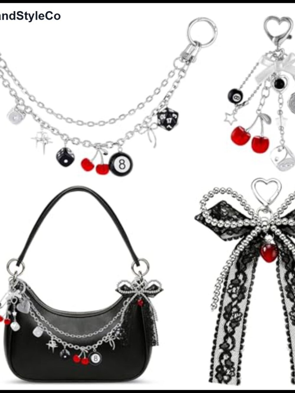 3Pc Y2K Silver Purse Chain Charms Punk Bag Extension Set Women